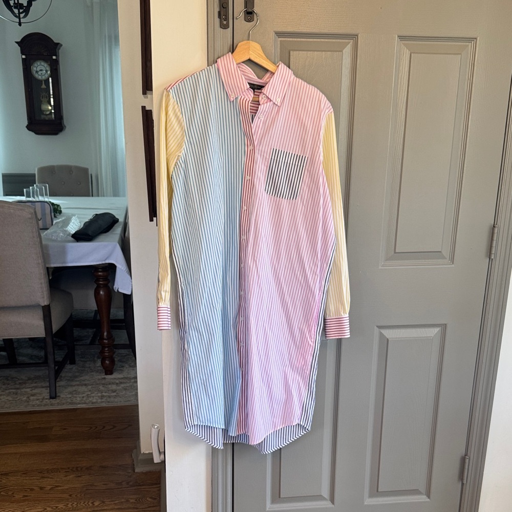 Striped Colorblock Shirt Dress in Pastel Pink, Blue & Yellow